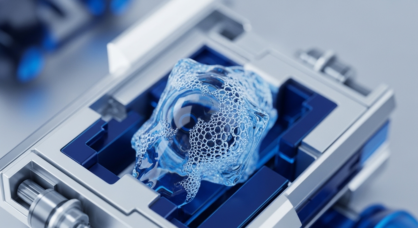 A transparent, effervescent blue substance, covered in intricate bubbles, rests securely within a sophisticated silver and dark blue mechanical structure. The metallic components are precisely engineered, framing the dynamic, liquid-like core