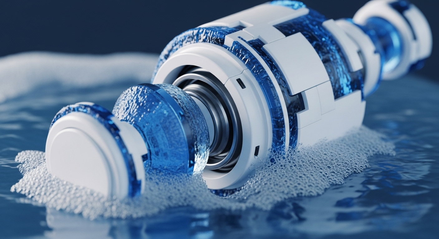 A highly detailed, abstract technological component, characterized by its segmented white casing and translucent blue elements, rests partially submerged in foamy, rippling water. This imagery evokes the dynamic nature of decentralized applications dApps and the liquid markets facilitated by cryptocurrencies