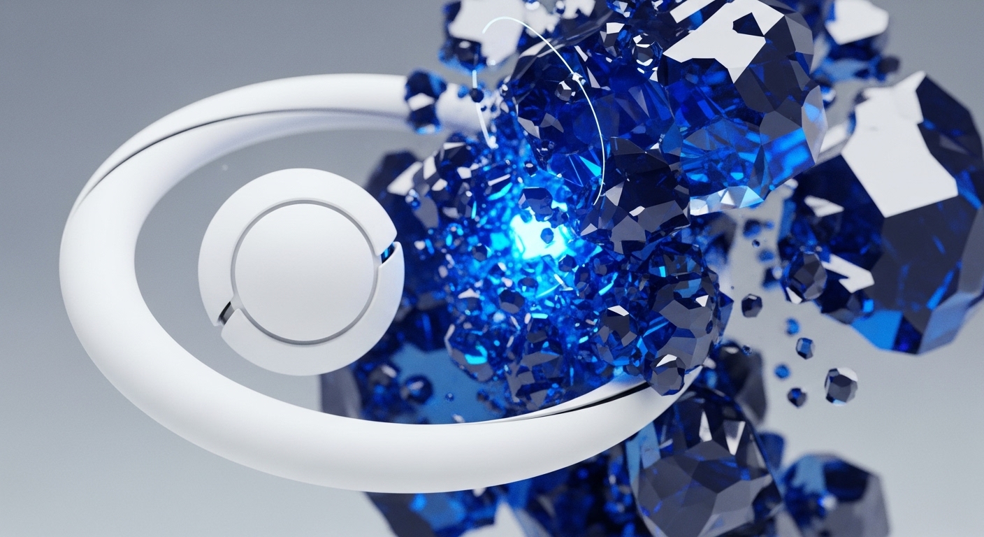 A sleek white abstract orbital structure, representing a network protocol, encircles a central white sphere. Behind this, a vibrant explosion of deep blue, faceted digital assets or data shards emanates from a bright, glowing core. This core visually embodies a robust consensus mechanism processing transactions within a distributed ledger. The intricate composition symbolizes the secure, programmatic execution of smart contracts governing tokenized asset flow across a decentralized network, highlighting advanced cryptographic operations and blockchain architecture.