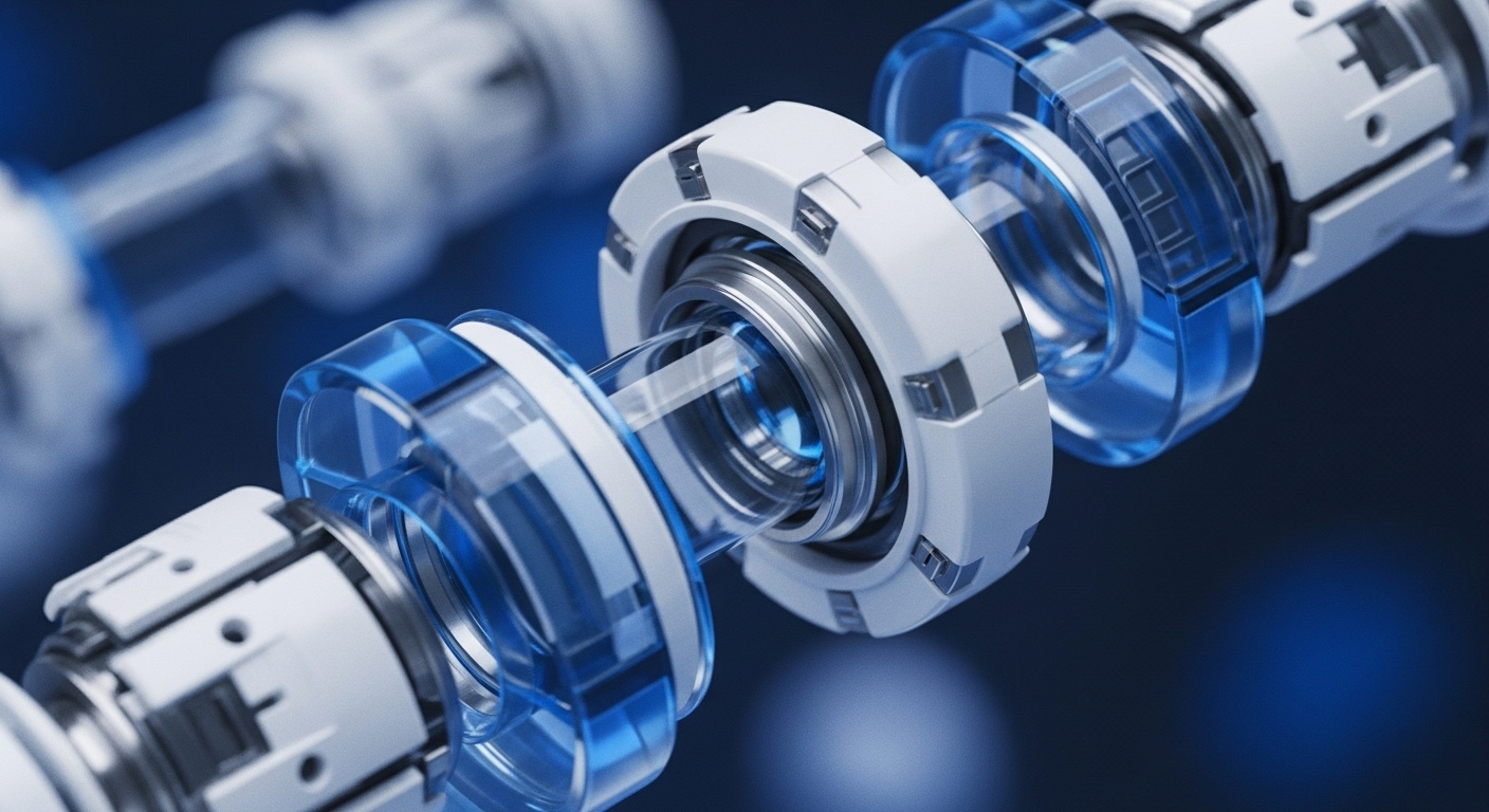Interlocking transparent blue and white mechanical components form a complex, interconnected structure against a dark background. This visual metaphor represents the intricate architecture of decentralized systems, potentially illustrating interoperability solutions between different blockchain networks or the sophisticated mechanisms behind layer-2 scaling protocols