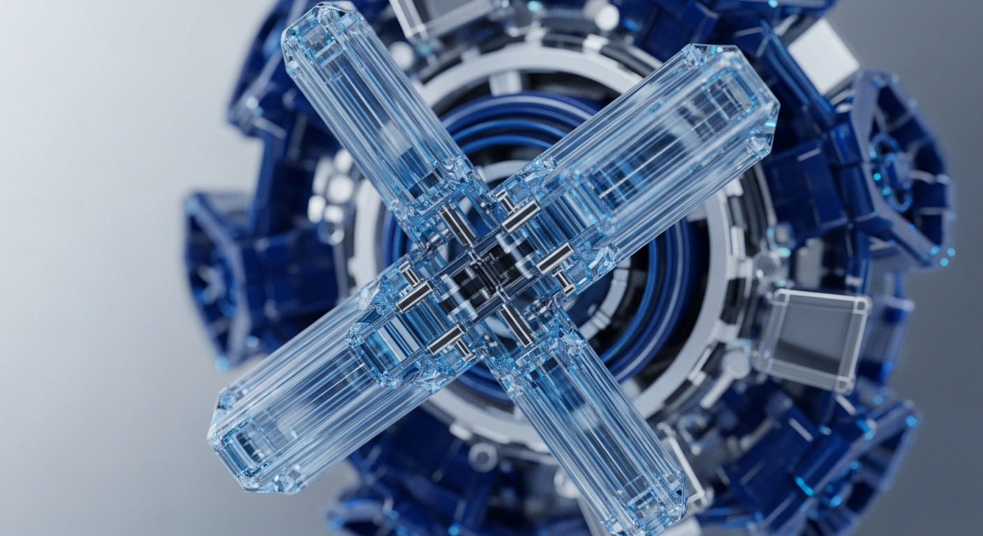 The image displays a complex, cross-shaped structure of four transparent, blue-tinted hexagonal rods intersecting at its center. This central assembly is set against a blurred background of a larger, intricate blue and silver mechanical apparatus, suggesting a deep operational core
