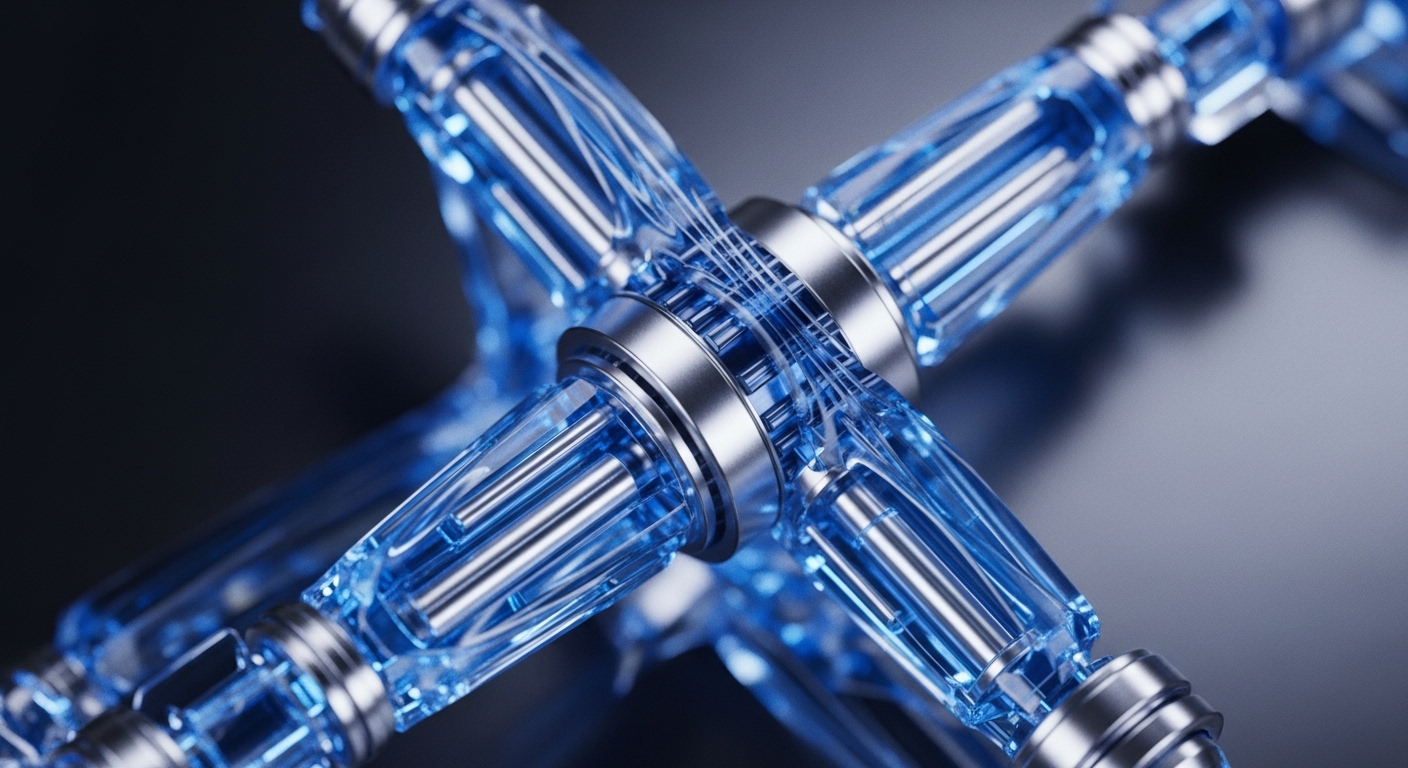 A complex, interconnected structure features transparent blue crystalline rods extending from central metallic hubs, resembling a sophisticated blockchain interoperability mechanism. Each rod, potentially representing a data channel or transaction pathway, connects through polished silver rings, signifying robust cryptographic linkage. The arrangement suggests a decentralized network facilitating seamless cross-chain atomic swaps between distinct distributed ledger technology ecosystems. The precision and transparency highlight the underlying protocol's integrity and functionality within a smart contract environment.