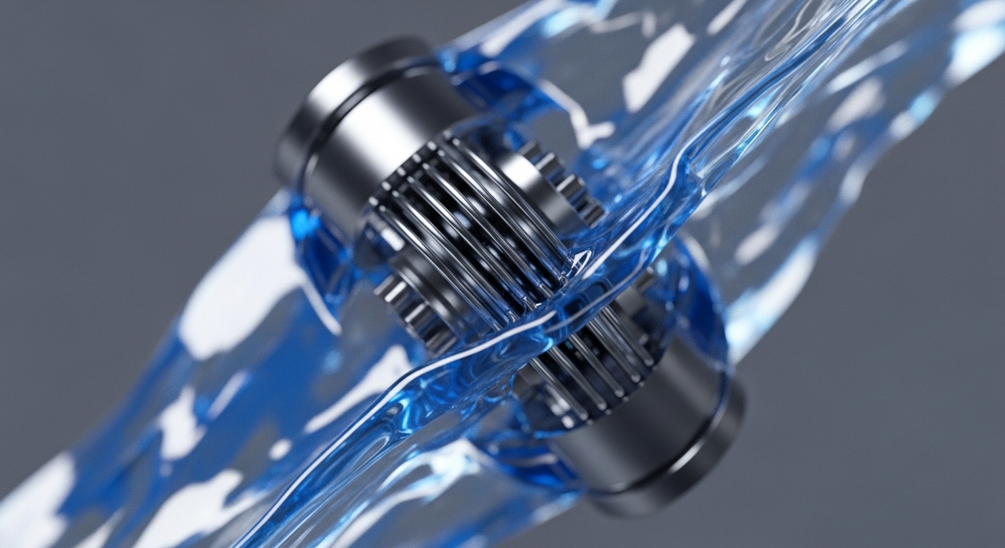 Two intricately designed metallic gears, featuring prominent splined teeth, are captured in a dynamic close-up. A luminous, translucent blue liquid actively flows around and through their engaging surfaces, creating a sense of constant motion and interaction, highlighting the precision of their connection