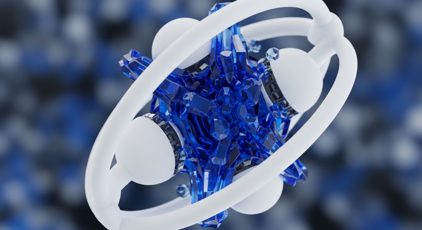 A complex abstract structure showcases a central cluster of deep blue, faceted crystals, surrounded and interconnected by smooth white spherical components and white tubular rings. The blurred background features diffuse blue and dark tones, enhancing the focus on the intricate central element