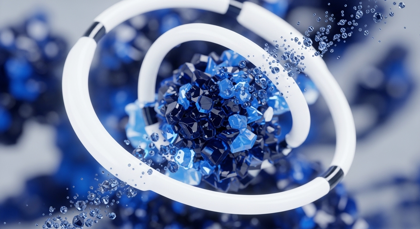 The image features two prominent white, smooth, spiraling tubes or rings, partially encircling a dense, spherical cluster of dark blue and lighter blue multifaceted crystalline objects. Small, translucent blue droplets are scattered around and appear to be flowing from and into these structures