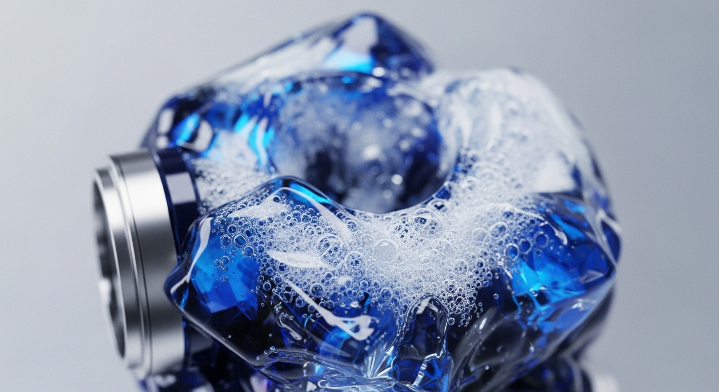 The image presents a striking close-up of a crumpled, translucent object filled with a vibrant blue liquid, adorned with numerous white bubbles. A distinct metallic silver ring is integrated into the left side of the object, all set against a soft, light gray background