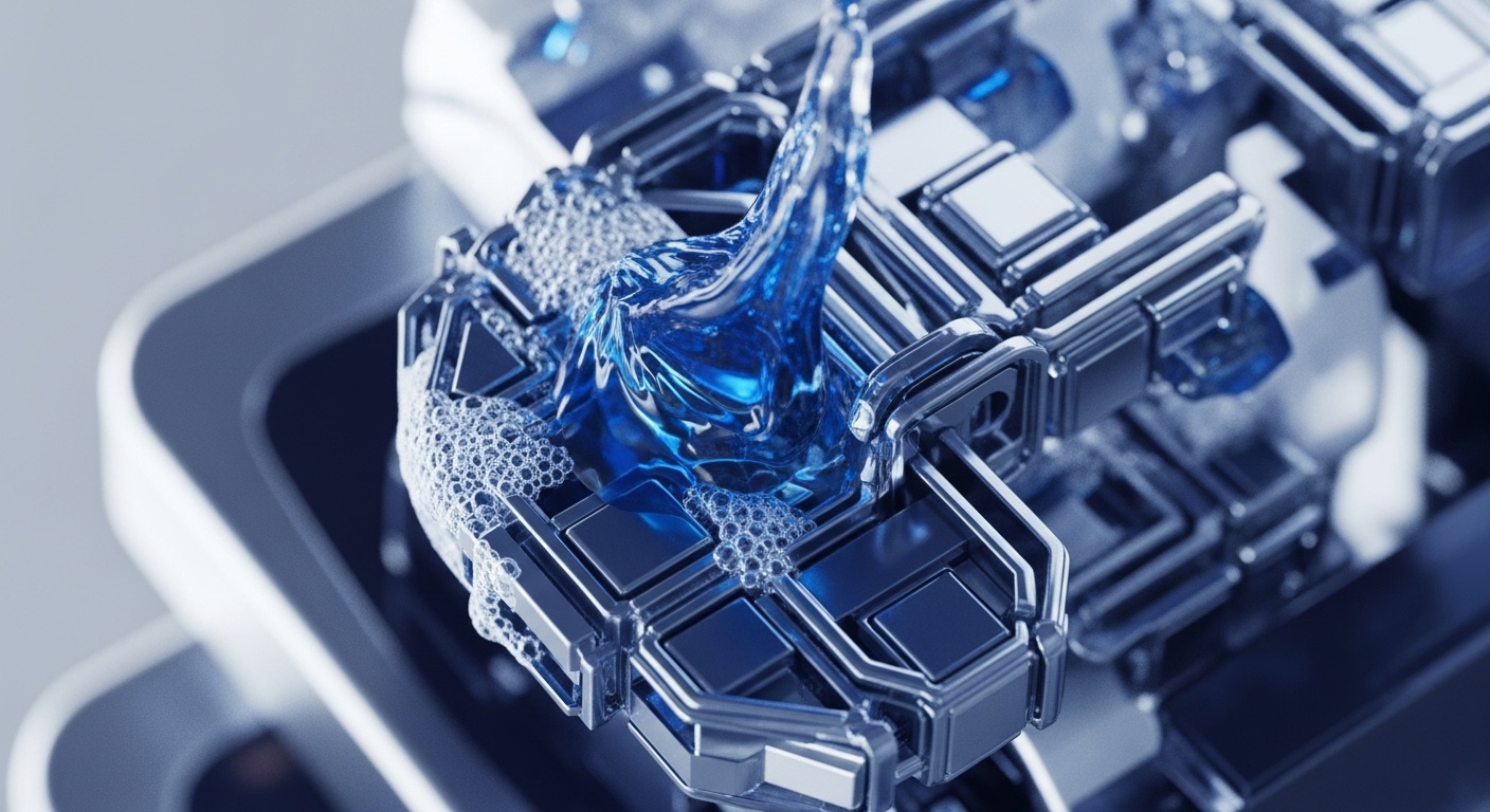 A striking close-up captures a bright blue liquid in motion, splashing and creating foam over a highly detailed, metallic, grid-like structure. The composition highlights the fluid's interaction with the precise, interlocking components of the underlying system
