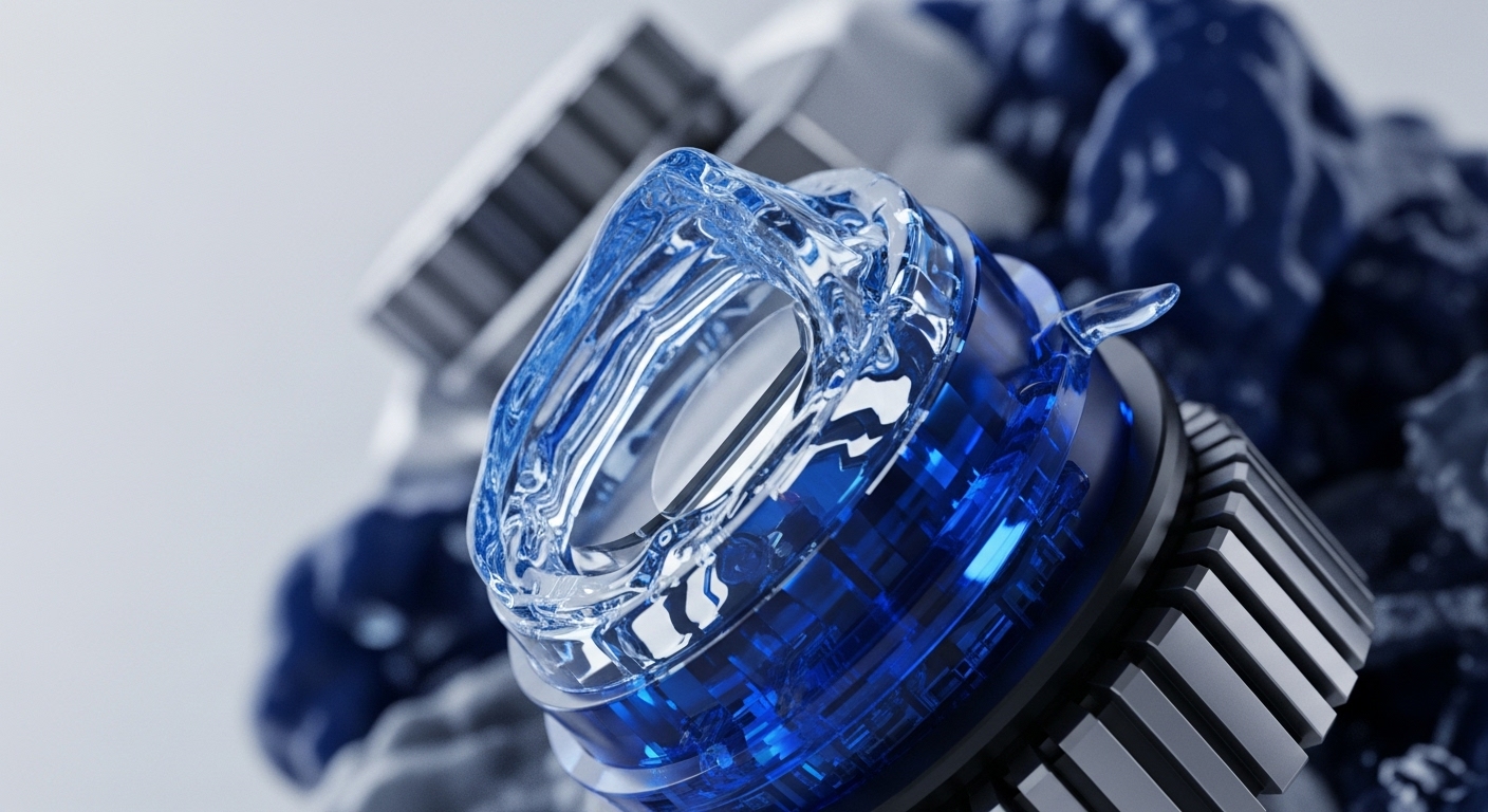 A translucent blue liquid-like structure, signifying dynamic liquidity provisioning and immutable data streams, flows atop a dark blue, faceted, transparent component. This component, revealing intricate internal smart contract logic and cryptographic primitives, represents a core consensus mechanism. It rests on a dark, ribbed metallic base, likely part of a node infrastructure or hardware security module. The abstract background hints at a complex distributed ledger technology environment, emphasizing computational integrity within a decentralized ecosystem.