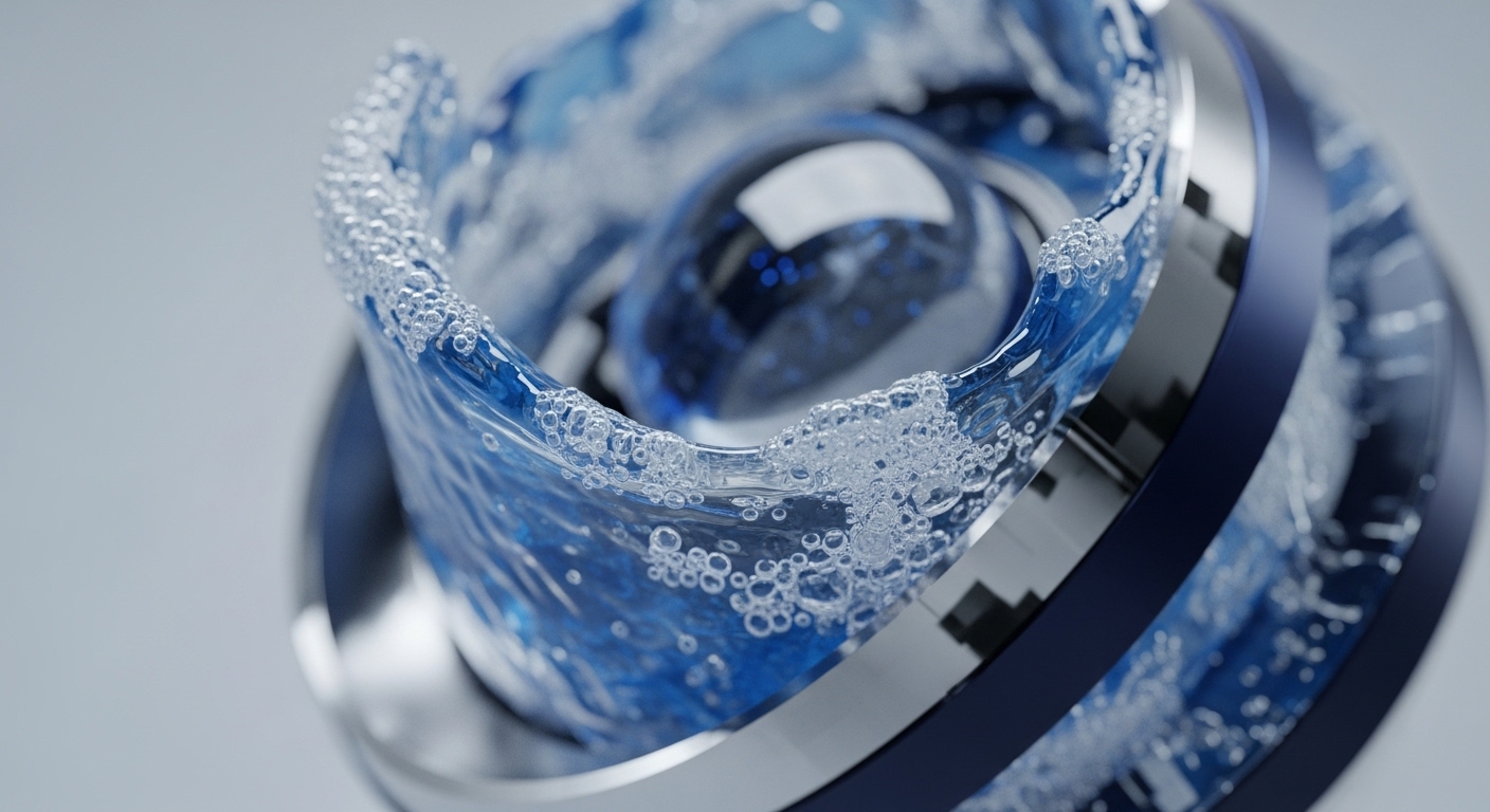 A mesmerizing blue liquid, rich with effervescent bubbles, dynamically swirls within a sleek, multi-layered structure composed of metallic silver and deep navy blue rings. At its core, a luminous, reflective blue orb gleams, anchoring the fluid motion