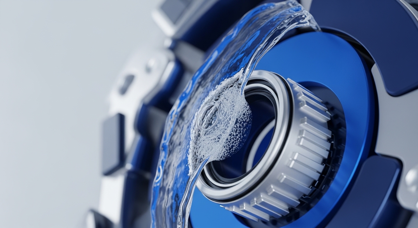 A detailed close-up presents mechanical components, featuring a central silver-toned element with radial grooves and surrounding vibrant blue structures. Clear fluid, actively flowing with numerous bubbles, cascades over these precisely engineered parts