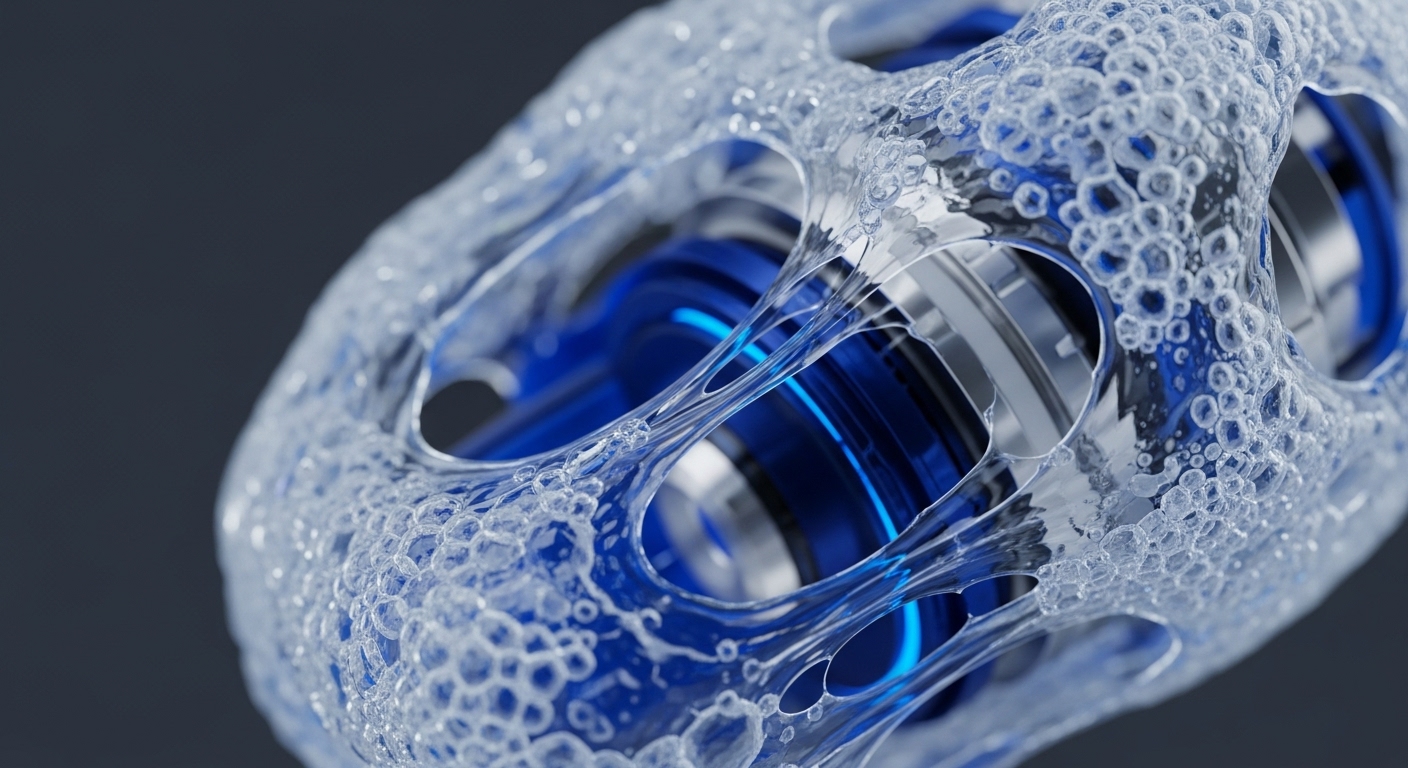 A detailed close-up reveals a transparent, organic structure composed of interconnected bubbles and viscous strands, enveloping a vibrant blue and metallic core. This intricate visual metaphor represents the complex inner workings of advanced cryptocurrency protocols