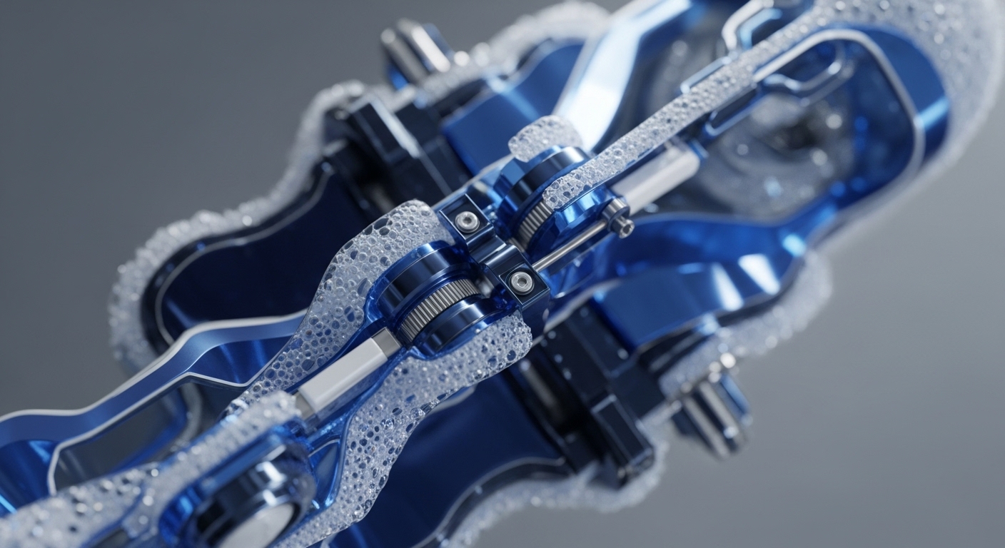The detailed internal view presents polished blue metallic components, including gears and shafts, operating within a transparent housing filled with effervescent fluid. White support structures delineate precise pathways, guiding the fluid's flow through the mechanism