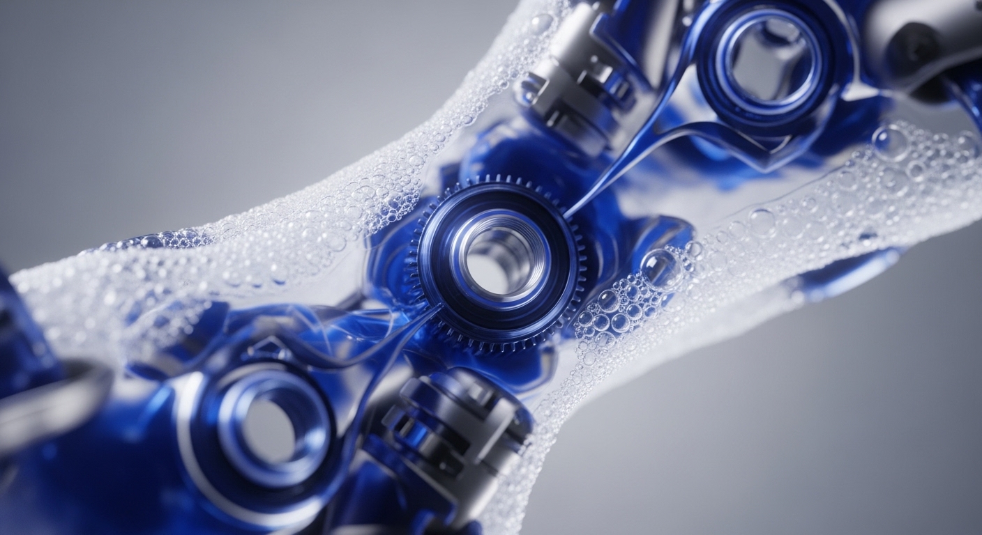The image showcases an abstract view of intricate blue and silver mechanical components, including gears and conduits, enveloped by a translucent, bubbly fluid. These elements are arranged in a dynamic, interconnected structure against a soft grey background, highlighting their detailed design and interaction with the fluid