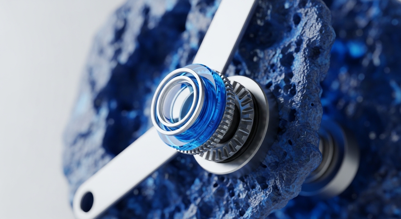 A precision mechanical assembly features a central transparent blue, layered component, encircled by metallic rings and a geared structure, symbolizing a core decentralized protocol operation. This intricate consensus mechanism is embedded within a deeply textured, porous dark blue substrate, evocative of a distributed ledger environment. A smooth white metallic arm extends, hinting at oracle integration or cross-chain interoperability. The transparent core's subtle glow suggests active smart contract execution and efficient digital asset management within a robust Web3 infrastructure.