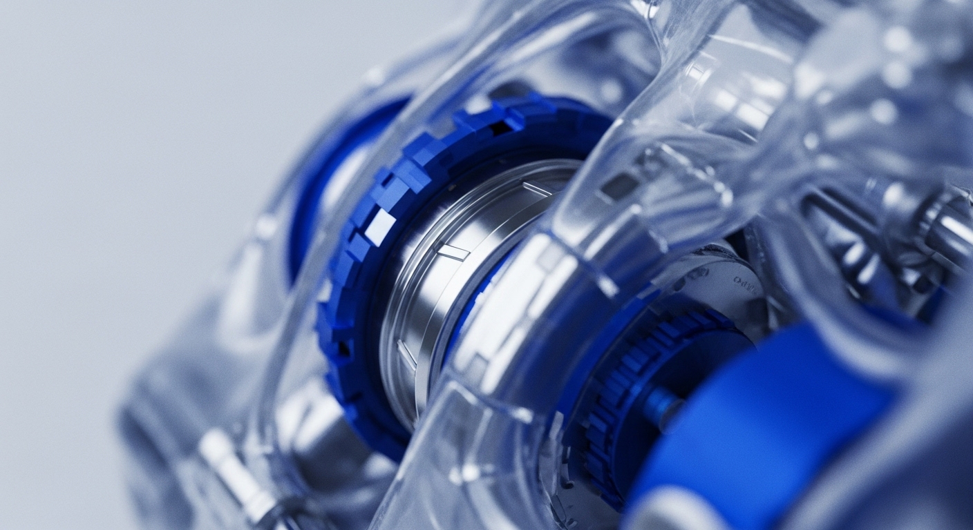 A detailed close-up reveals a sophisticated transparent mechanical assembly featuring vibrant blue and reflective silver components. The intricate structure includes visible gears and interlocking elements, encased within clear material, set against a softly blurred, light background