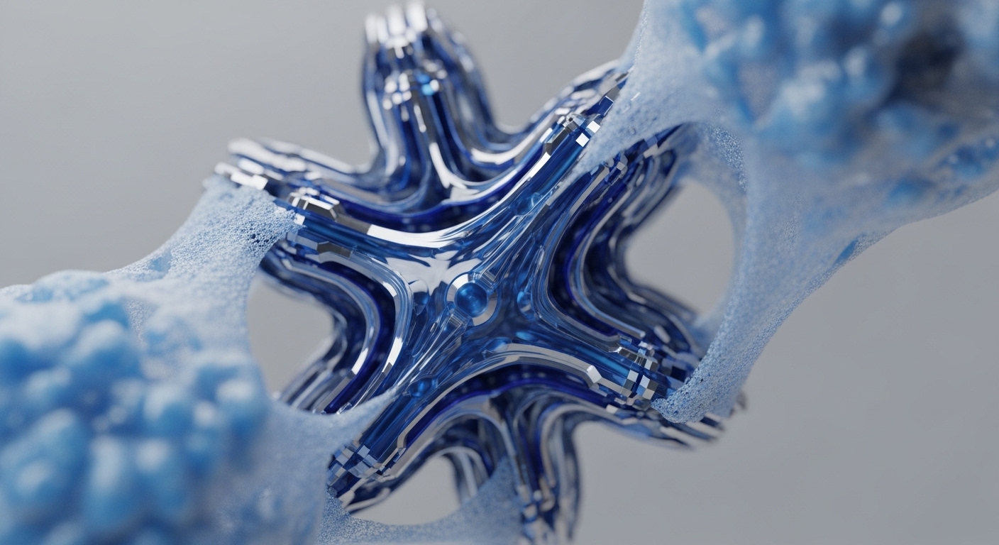 The image showcases an intricate, star-shaped metallic and transparent blue mechanism, partially enshrouded by a dynamic, granular light blue substance. The central object features reflective surfaces and precise geometric facets, while the surrounding material appears foamy or bubbly, flowing around its contours