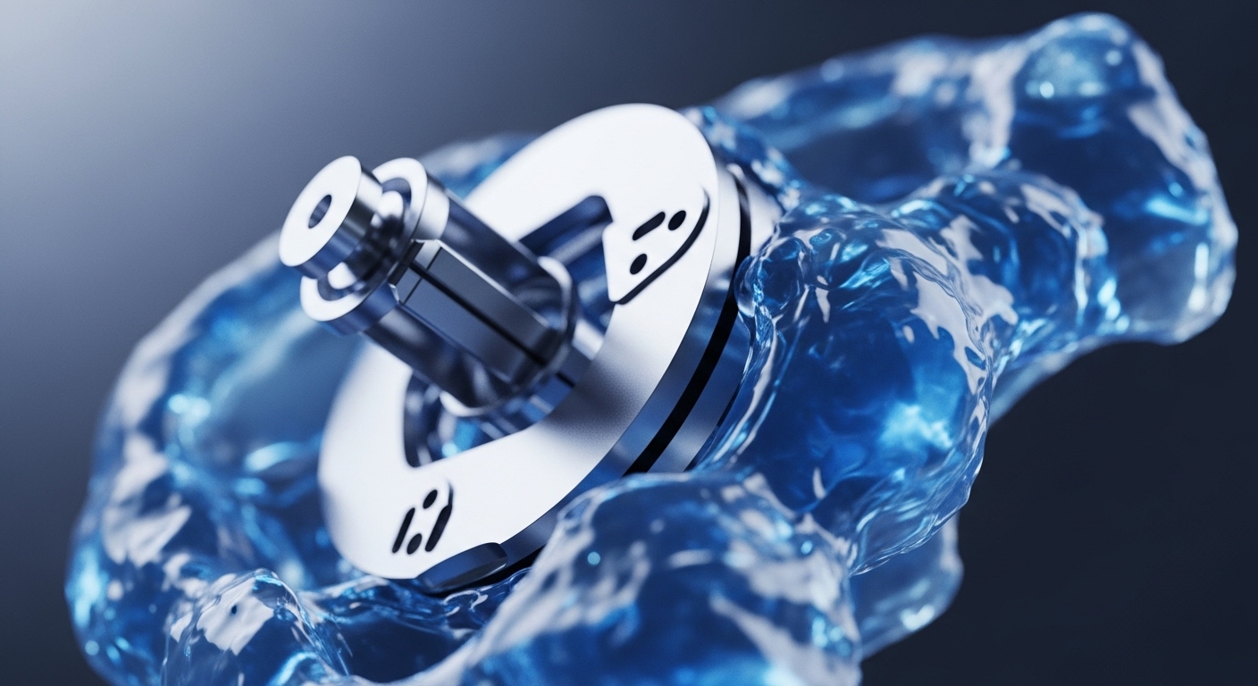 A central metallic protocol mechanism, intricately designed with visible apertures, is depicted surrounded by a dynamic, luminous blue fluid. This fluid, resembling a liquidity pool, exhibits flowing motion, highlighting the metallic component's precision engineering