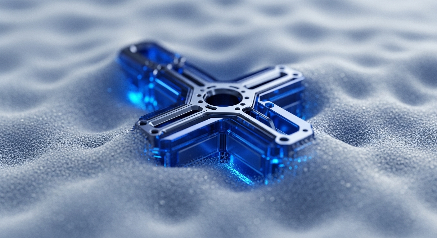 A detailed close-up shows a gleaming, metallic X-shaped structure with vibrant blue translucent segments, partially submerged in a softly undulating, finely granulated grey terrain. The object's intricate design and luminous properties highlight its technological significance