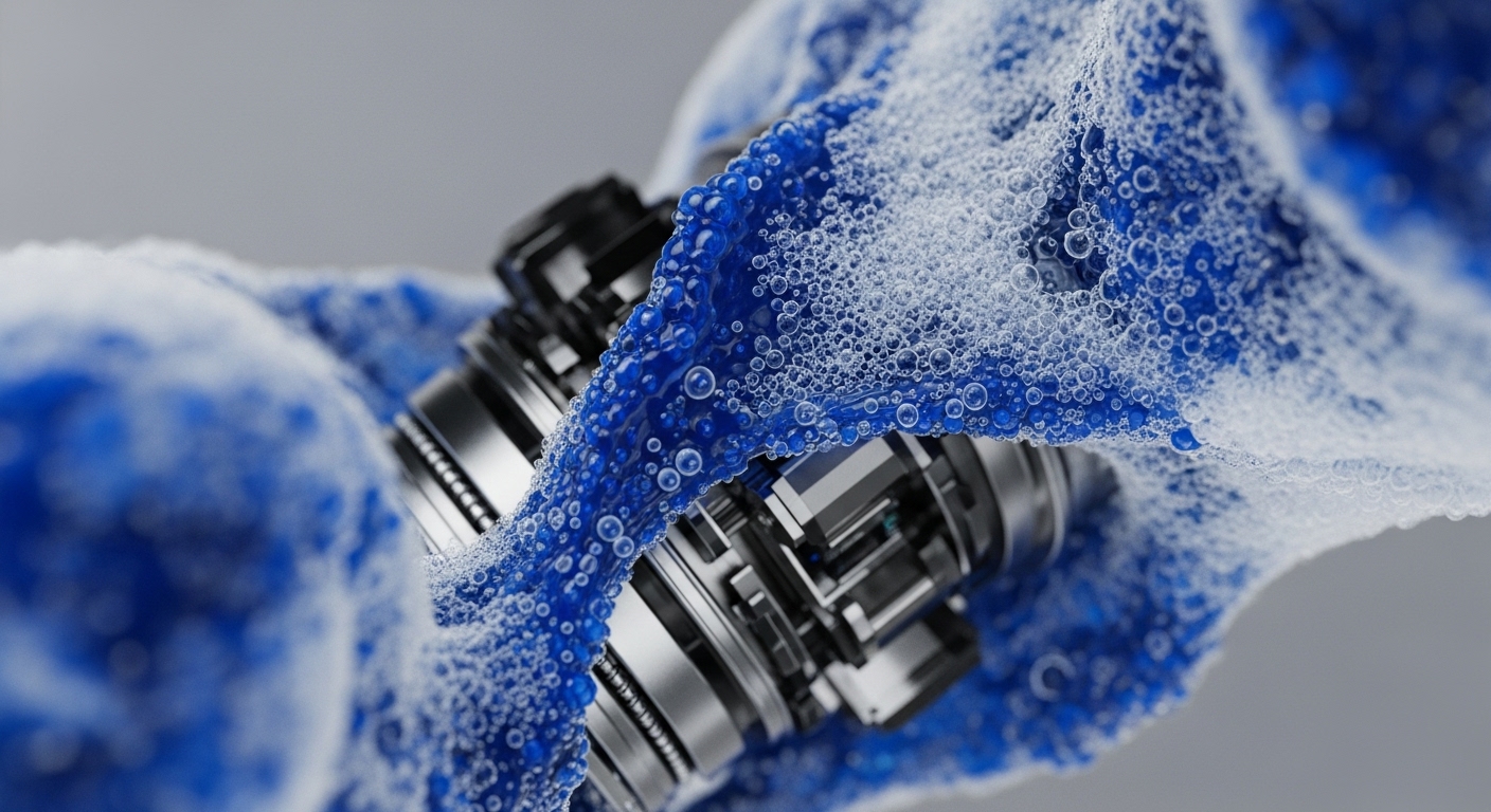 A close-up view reveals a sophisticated metallic mechanism, resembling intricate gears and structural components, partially immersed within a dynamic, effervescent blue liquid. The liquid is densely populated with numerous bubbles of varying sizes, appearing to flow and interact with the polished surfaces of the machinery