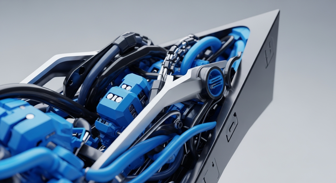 Close-up view of advanced blue and black mechanical elements reveals the intricate design of a decentralized protocol's infrastructure. This visual metaphor encapsulates the complex engineering and network architecture crucial for blockchain scalability and secure cross-chain communication, representing the core of many crypto innovations