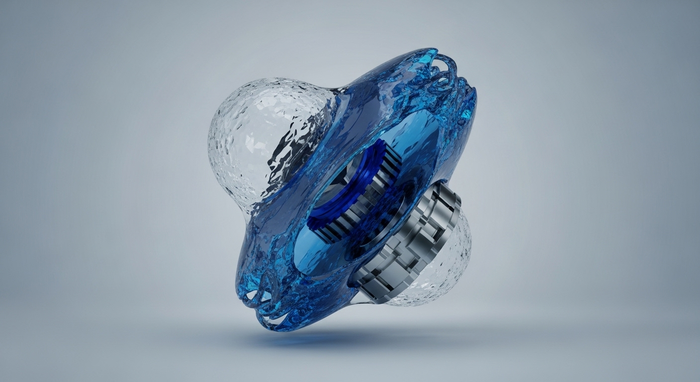 A visually striking abstract composition features translucent, textured liquid and vibrant blue liquid flowing around and through segmented, gear-like mechanical components. The central structure, rendered with metallic and blue elements, appears suspended against a smooth, light grey gradient background