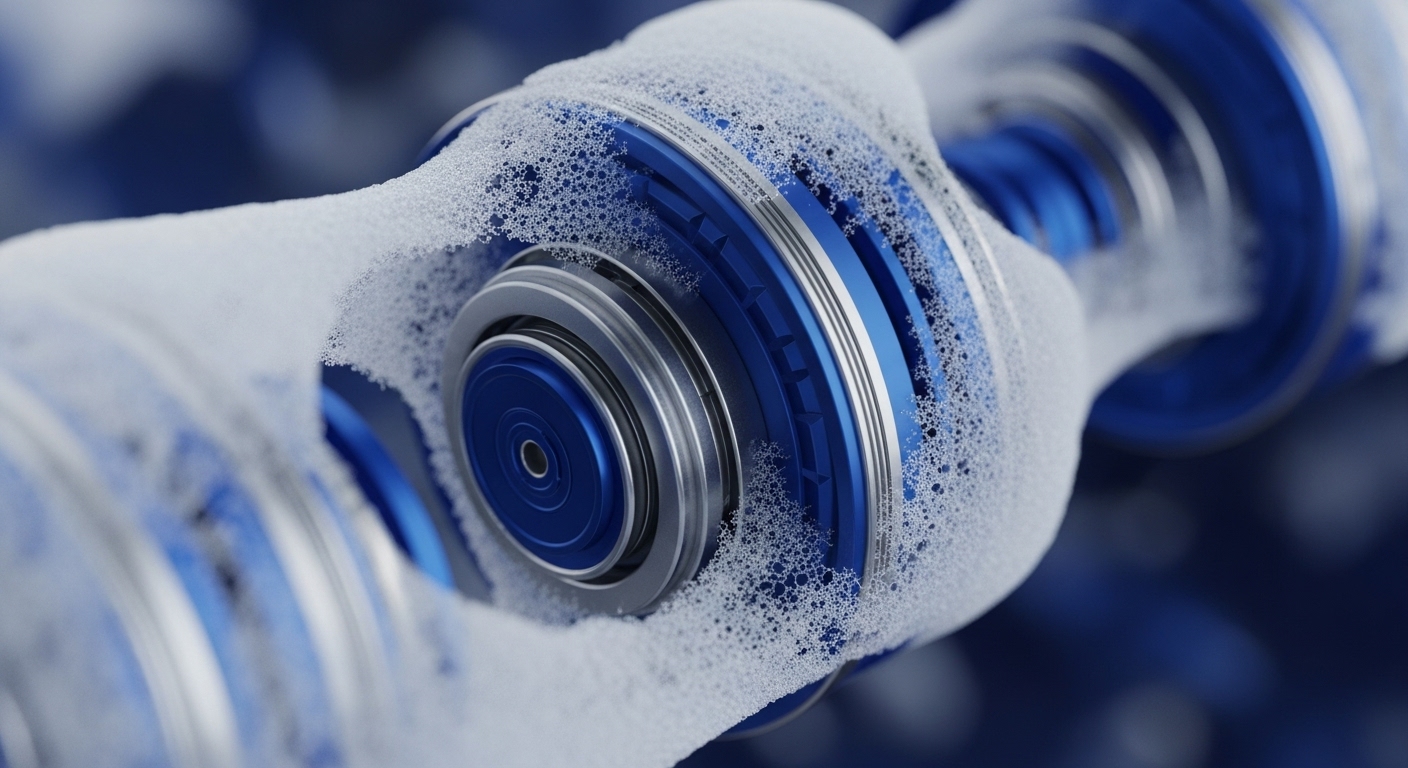 A detailed view presents interconnected blue and silver cylindrical structures, partially enveloped in a white, frothy substance. The intricate design highlights robust engineering and precise operational processes, emphasizing the dynamic nature of the system