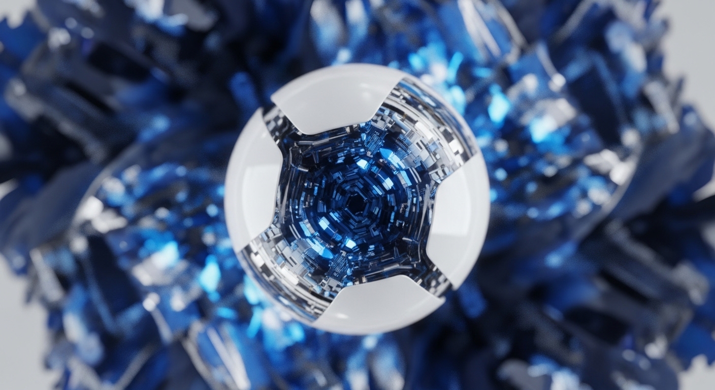 A white and metallic sphere, segmented by hexagonal panels, reveals a glowing, hexagonal aperture filled with vibrant blue light and intricate circuitry. Surrounding this central object is a complex, abstract formation of sharp, blue crystalline structures, creating a sense of depth and digital dynamism