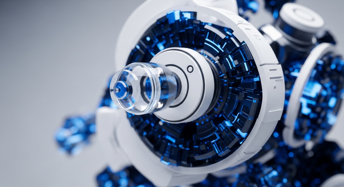 A macro view of a complex, futuristic mechanical structure, rendered with stark white and luminous blue elements against a gradient gray background. The central focus is a transparent cylindrical component, housing intricate blue circuitry and connecting to a larger, segmented white ring embedded with glowing blue data conduits. This abstract representation symbolizes the intricate architecture of decentralized networks, perhaps illustrating cross-chain communication protocols or the core components of a distributed ledger technology DLT node. The metallic sheen and sharp geometric lines evoke concepts of advanced cryptographic security and the robust infrastructure underpinning blockchain ecosystems.