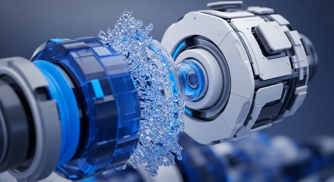 A close-up view reveals a sophisticated, futuristic mechanism where streams of luminous blue liquid interact with interconnected crystalline and metallic components. This visual metaphor represents the dynamic flow of data and value within decentralized networks, akin to a blockchain's transaction throughput or the liquidity pools in DeFi protocols. The interlocking parts suggest the intricate architecture of smart contracts and consensus mechanisms, where cryptographic primitives ensure secure asset transfer and network integrity. It embodies the seamless integration of off-chain assets into on-chain ecosystems, highlighting the emergent properties of distributed ledger technology.