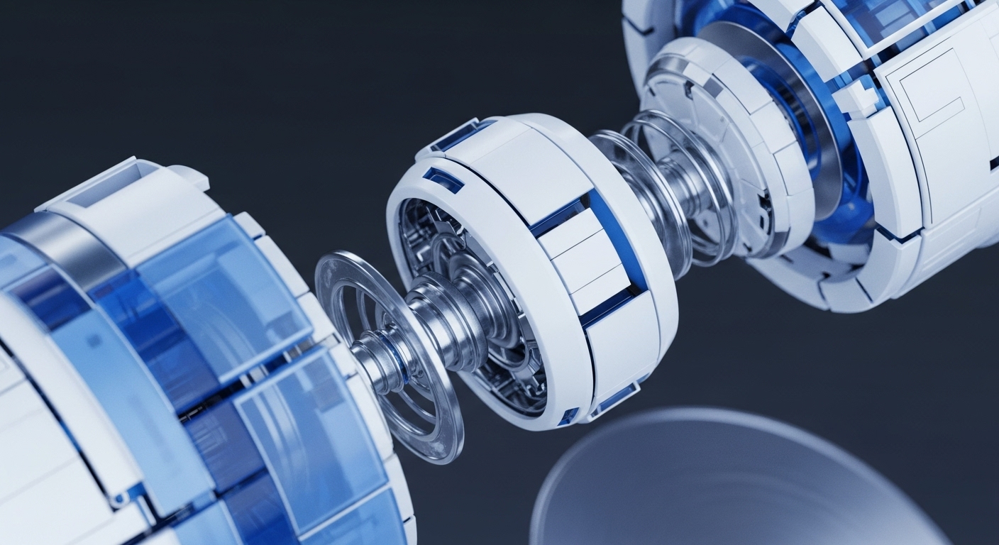 This detailed render showcases a sophisticated modular mechanism, hinting at advanced technological integration. The interlocking white and blue components, with their metallic accents, visually represent the architecture of decentralized systems