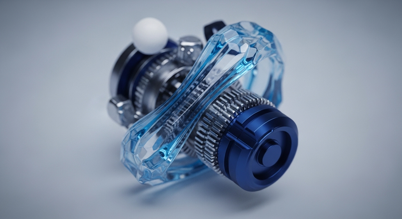 A futuristic mechanical assembly is presented on a clean, light grey background, featuring a translucent faceted blue structure at its core, intricately intertwined with metallic gears and a dark blue cylindrical component. A small white sphere rests atop silver metallic elements, while other hexagonal metallic pieces are visible