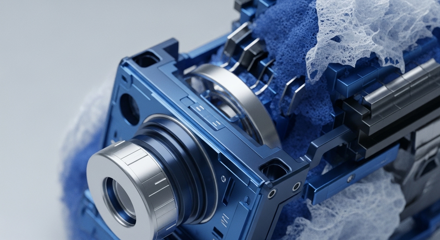 A close-up view displays the disassembled internal components of a device, featuring metallic blue structural elements, silver mechanical parts, and textures of blue foam and white web-like material. The perspective highlights the intricate arrangement of these elements, suggesting a complex, engineered system