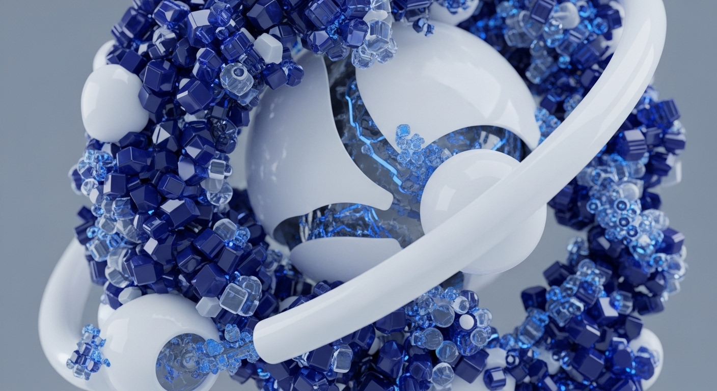 The image showcases an abstract technological composition featuring a central white spherical structure, partially open to reveal glowing blue internal components. Surrounding this core are numerous dark blue and clear geometric shapes, intermingled with smooth white tubular elements that weave throughout the arrangement