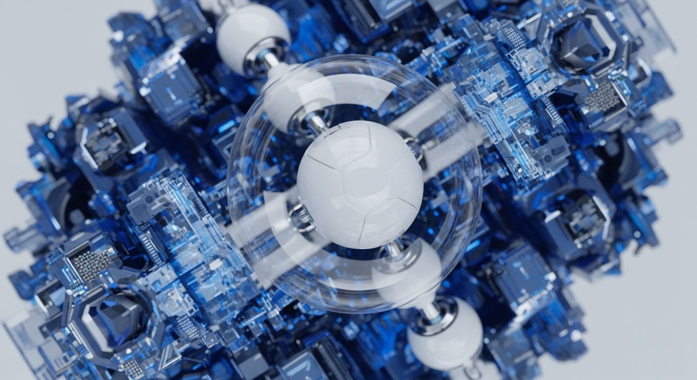 A complex, crystalline structure composed of interlocking blue translucent modules resembling advanced circuit boards and processors dominates the visual. At its core, a white spherical object, reminiscent of a blockchain node or a cryptographic key, is encased within a transparent sphere, connected by metallic rods to other similar nodes. This abstract representation visualizes the intricate, interconnected nature of decentralized ledger technology, potentially symbolizing distributed consensus mechanisms and the secure propagation of cryptographic data across a quantum-resistant blockchain network.