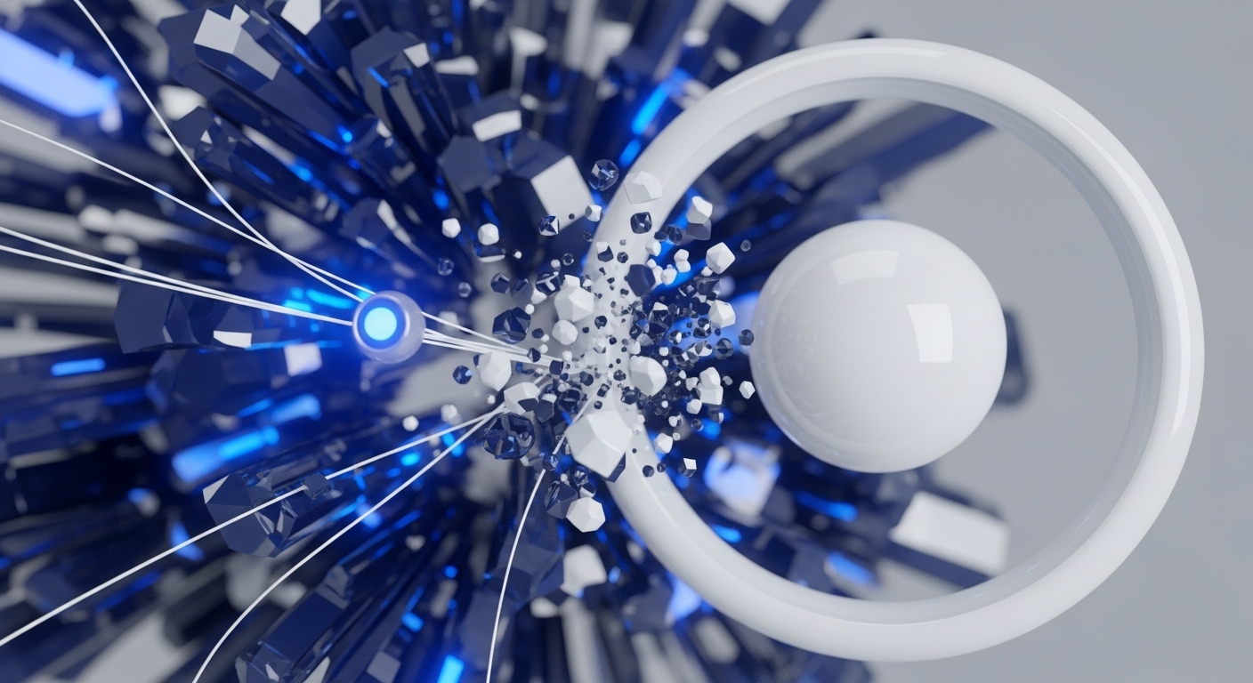 The image displays a vibrant abstract composition featuring a central burst of small, irregular polyhedral shapes, both white and dark blue, emanating from a glowing blue spherical node. White lines extend from this node into a backdrop of numerous dark blue, geometric, crystalline structures, some emitting blue light