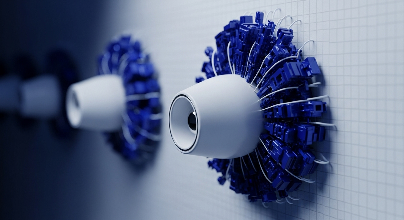 A series of white, conical interface modules emerge from a light grey, grid-patterned wall, each surrounded by a dense, circular arrangement of dark blue, angular computational blocks. Delicate white wires connect these blue blocks to the central white module and the wall, depicting an intricate technological assembly