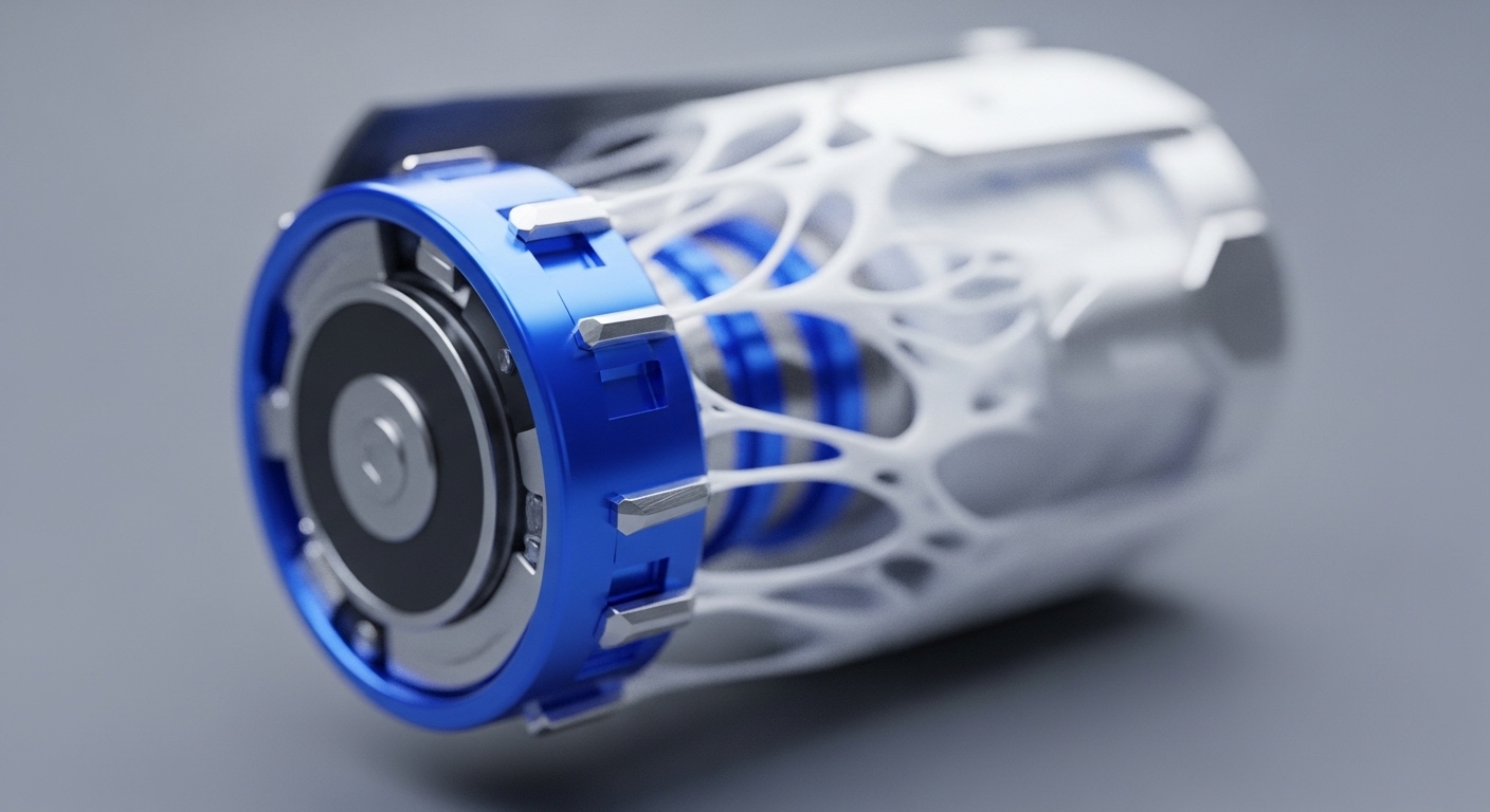A high-tech cylindrical component is depicted, featuring a polished blue metallic end with a detailed circular interface, transitioning into a unique white lattice structure. This lattice encloses a bright blue, ribbed internal core, with the opposite end of the component appearing as a blurred metallic housing