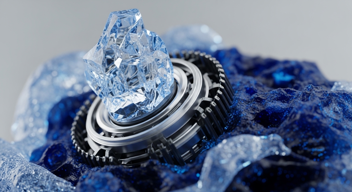 A prominent, multifaceted light-blue crystal rests on a detailed metallic gear-like mechanism. This mechanism is embedded within a textured dark blue surface, with translucent light blue elements flowing around it