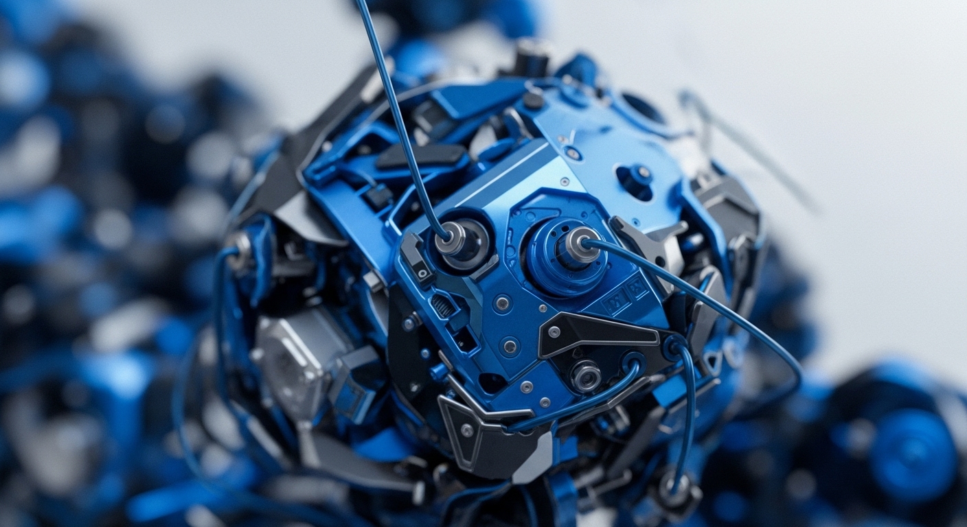 A highly detailed, metallic blue and gray mechanical sphere dominates the frame, showcasing intricate interconnected parts and wiring. This visual metaphor extends to the core concepts of cryptocurrency and blockchain technology, illustrating the complex architecture and interoperability mechanisms essential for decentralized finance DeFi