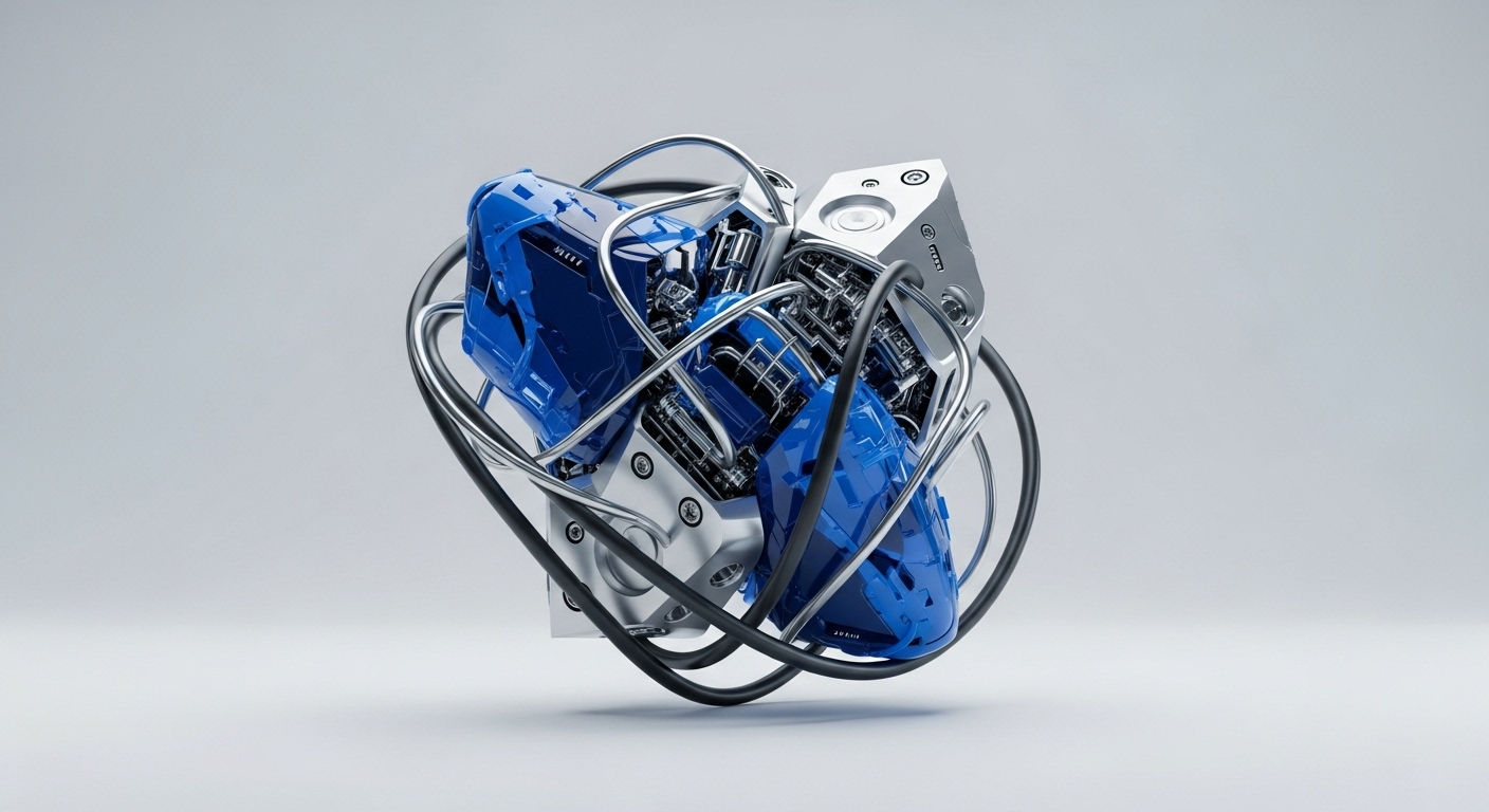 This abstract construct showcases a sophisticated arrangement of metallic and blue crystalline forms, bound by a network of silver and black conduits. The visual complexity mirrors the underlying architecture of decentralized systems