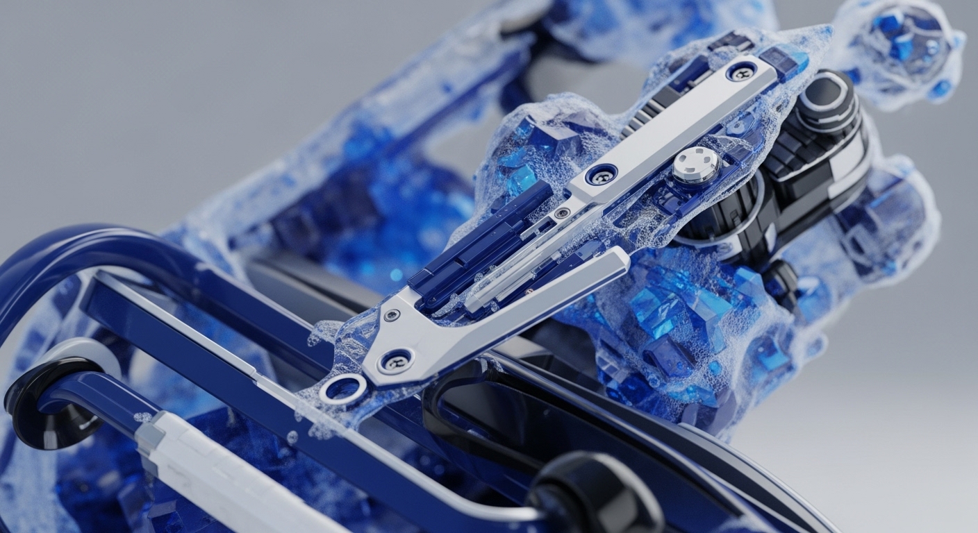 A sophisticated, blue and white mechanical assembly is depicted, partially encased in a frosted, crystalline substance with small bubbles. This intricate design suggests a high-performance system
