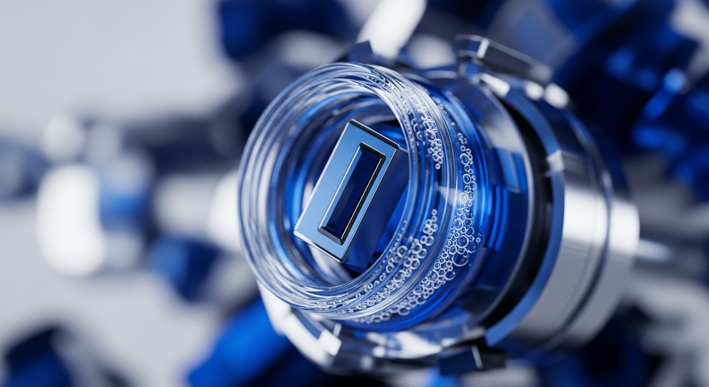 A prominent, polished metallic rectangle, featuring a dark blue inset, is centered within a series of transparent, liquid-filled tubes. Numerous small bubbles are visible within the liquid, surrounding the central object, with blurred blue and silver elements in the background