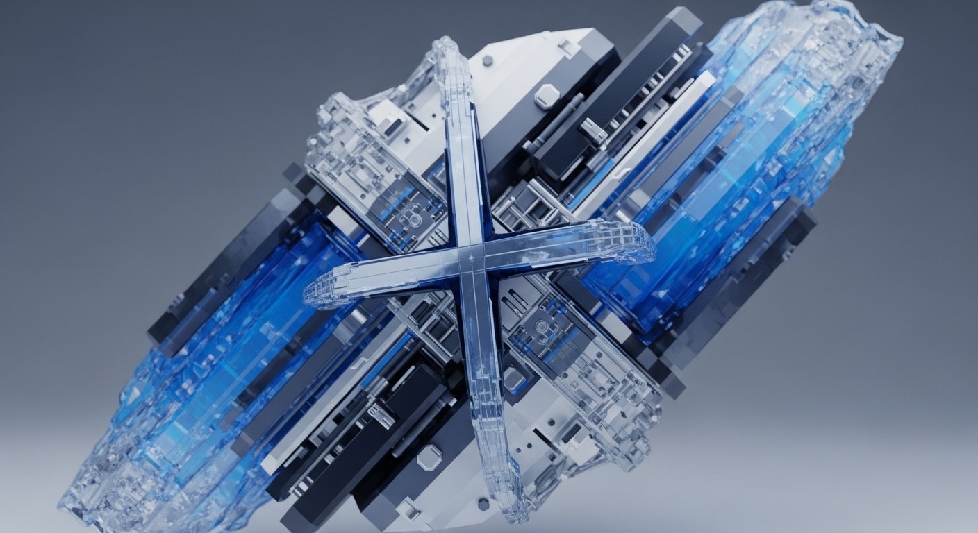 The image displays an intricate, three-dimensional abstract structure composed of translucent and opaque geometric forms. A central, clear cross-shaped element anchors the composition, surrounded by layered metallic and transparent components, with vibrant blue segments channeling through the right side