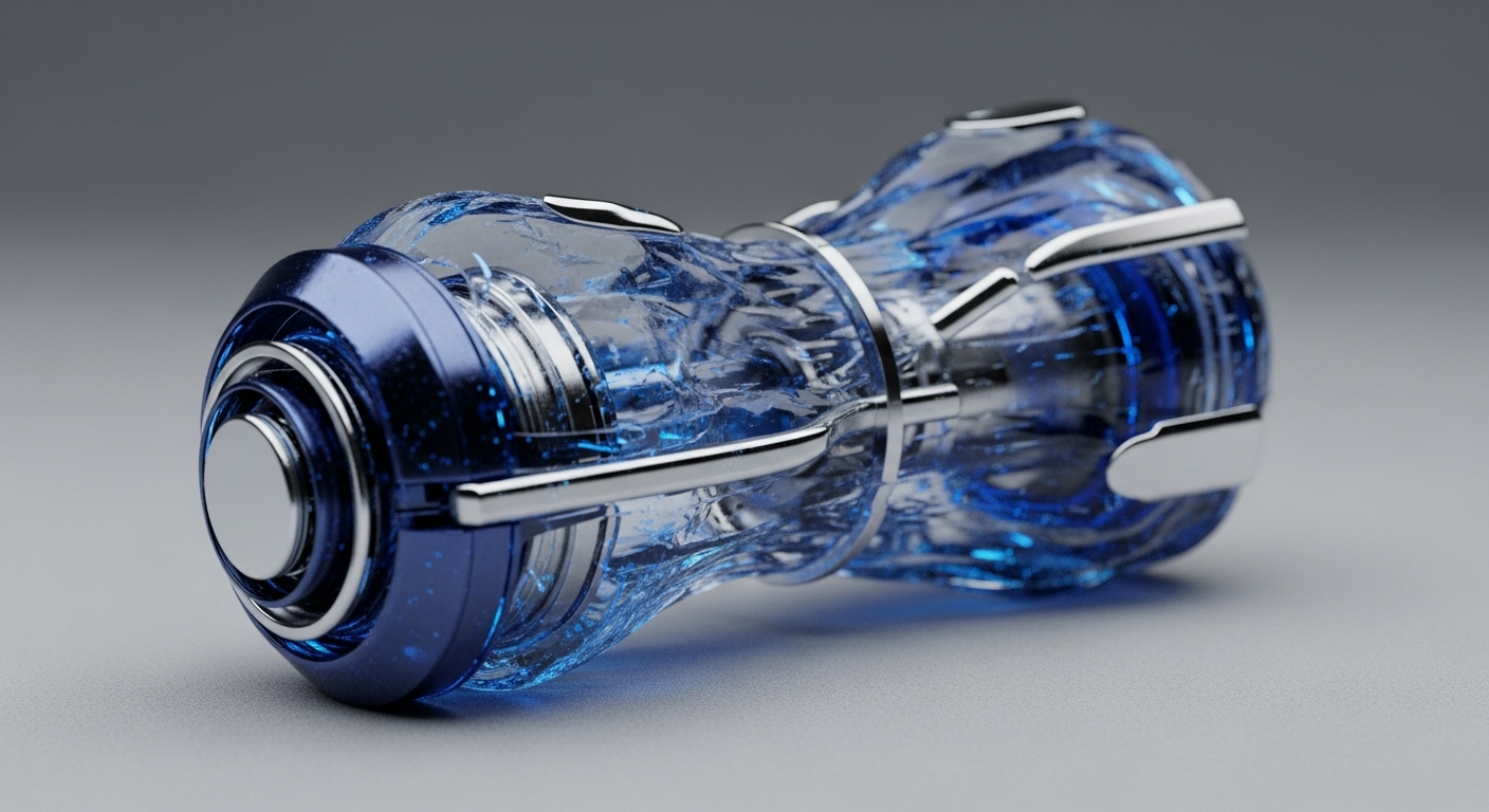 A polished, futuristic device with a central, translucent blue crystalline body, intricately textured and glowing from within, is flanked by glossy metallic blue caps and secured by polished chrome bands, resting on a light grey surface. The object's design features concentric metallic rings at its ends, reflecting its internal luminosity and highlighting its engineered precision