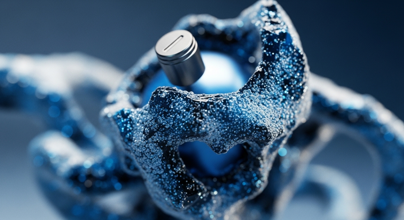 A sleek metallic cylinder, potentially a digital asset or a cryptographic key component, is suspended within a complex, granular dark blue structure. This abstract formation, textured with innumerable shimmering particles, suggests a dynamic network topology or a sophisticated smart contract environment