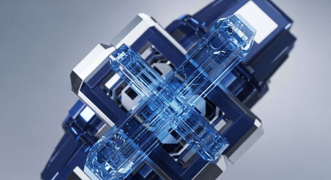 An abstract geometric composition features two luminous, faceted blue crystalline rods intersecting at the center, surrounded by an intricate framework of dark blue and metallic silver blocks. The crystals glow with an internal light, suggesting precision and value, while the structural elements create a sense of depth and interconnectedness, all set against a soft grey background