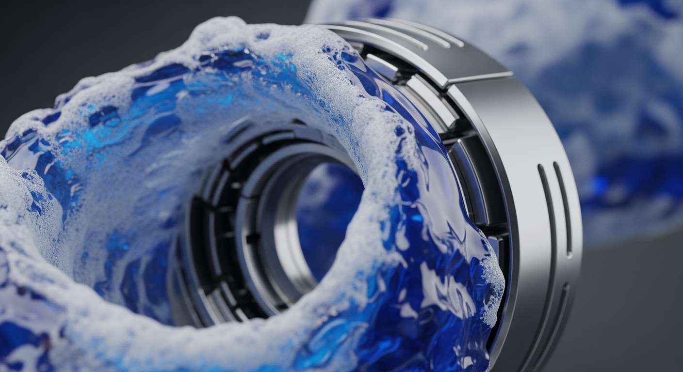 A polished metallic conduit, featuring a sleek, modern design with internal mechanical elements, channels a vibrant blue liquid topped with white foam. The fluid appears to be in motion, suggesting a dynamic process within the engineered structure, with another similar, blurred element visible in the background