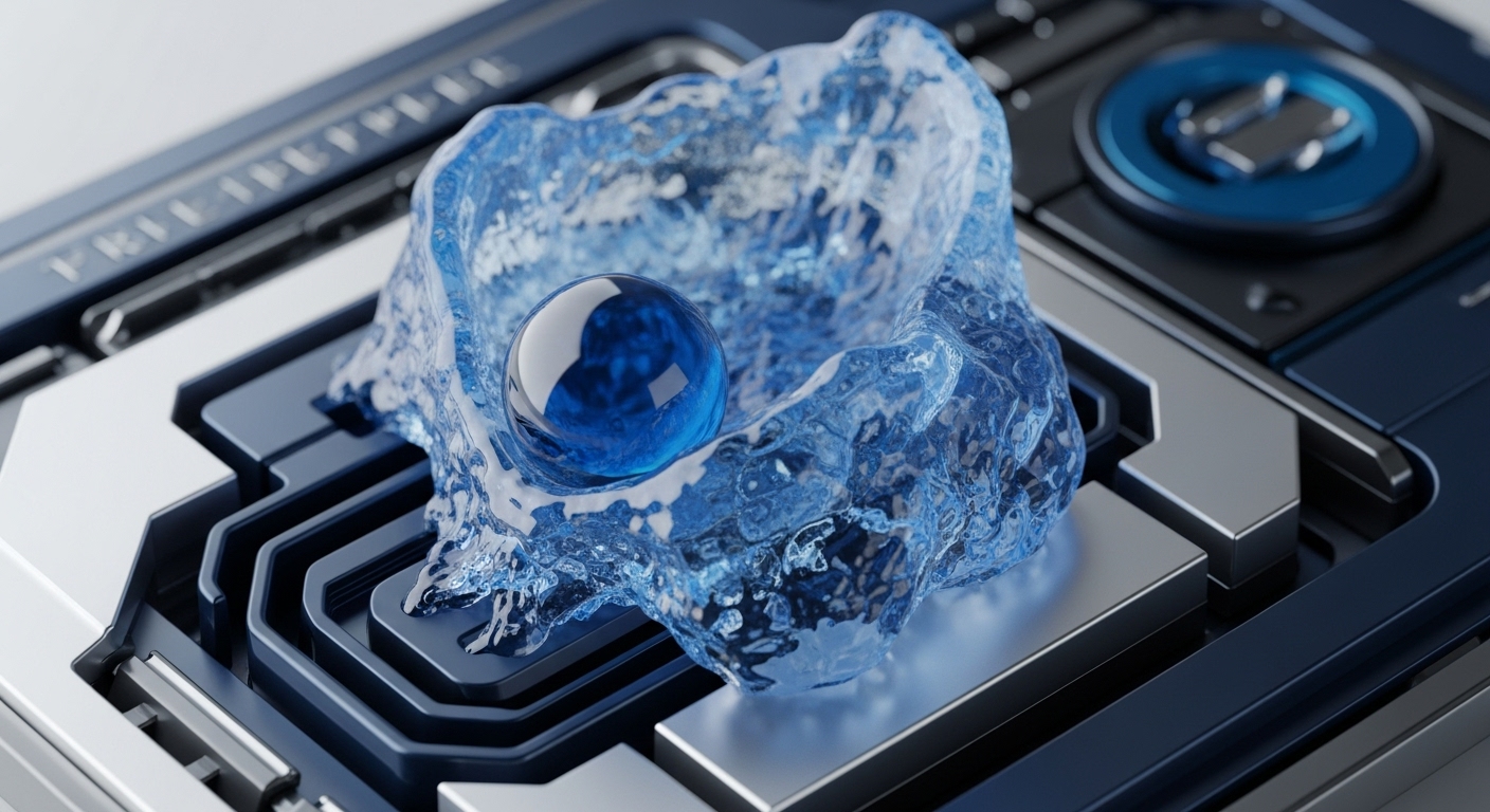 A brilliant blue, perfectly spherical digital asset token is cradled within a dynamic, translucent water splash, set upon an advanced technological base. The intricate design features dark blue and metallic silver components, suggesting a robust computational infrastructure