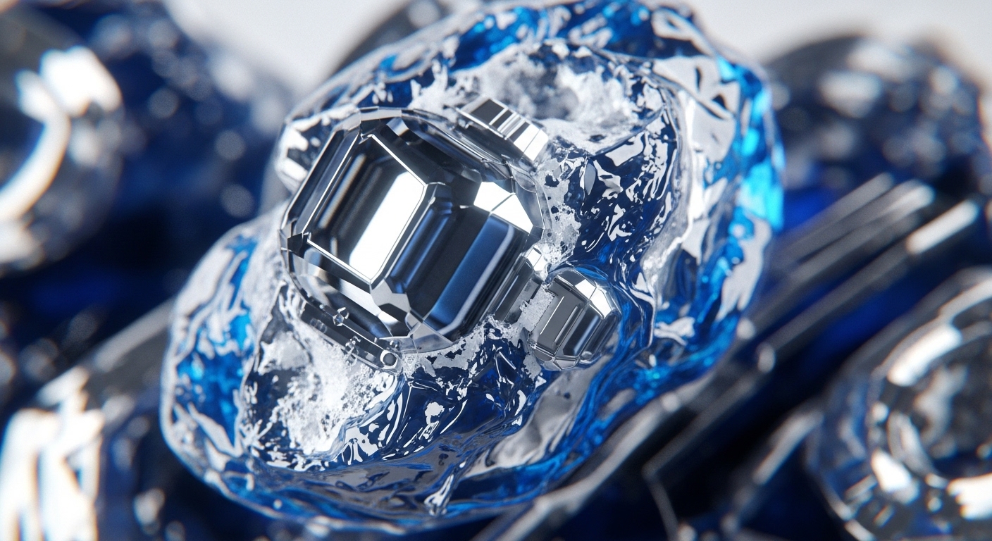 The image displays a detailed close-up of a central, highly reflective, multi-faceted metallic object partially submerged in a vibrant, textured blue liquid or icy substance. Frosty white patches cling to the edges of the metallic component and the surrounding blue medium, creating a stark contrast