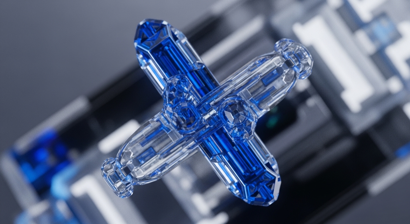 The image showcases a complex, crystalline structure forming an 'X' shape, featuring transparent and vibrant blue elements. This intricate design suggests a core component of a decentralized network. Faceted surfaces and internal conduits evoke cryptographic primitives and data flow within a blockchain protocol. The background, blurred yet discernible as electronic circuitry, reinforces the underlying computational infrastructure supporting this mechanism. It visually interprets a critical consensus mechanism or a cross-chain interoperability module, highlighting the precision and security inherent in distributed ledger technology operations. This could represent a tokenomics engine or a smart contract execution unit, emphasizing transparency and functional architecture.